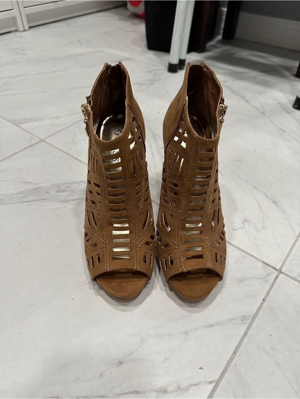 Guess Tan Cutout Peep-Toe Ankle Booties